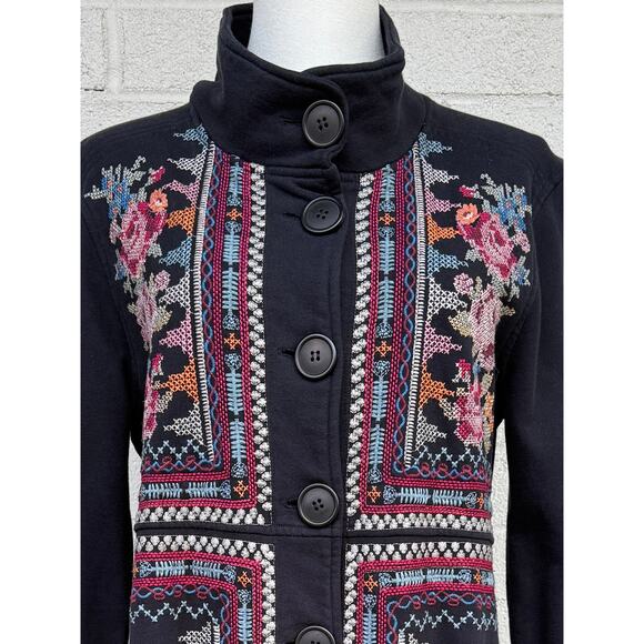 Johnny Was Navy Floral Cross Stitch Embroidered Button Front Long Jacket Coat M - Picture 2 of 9